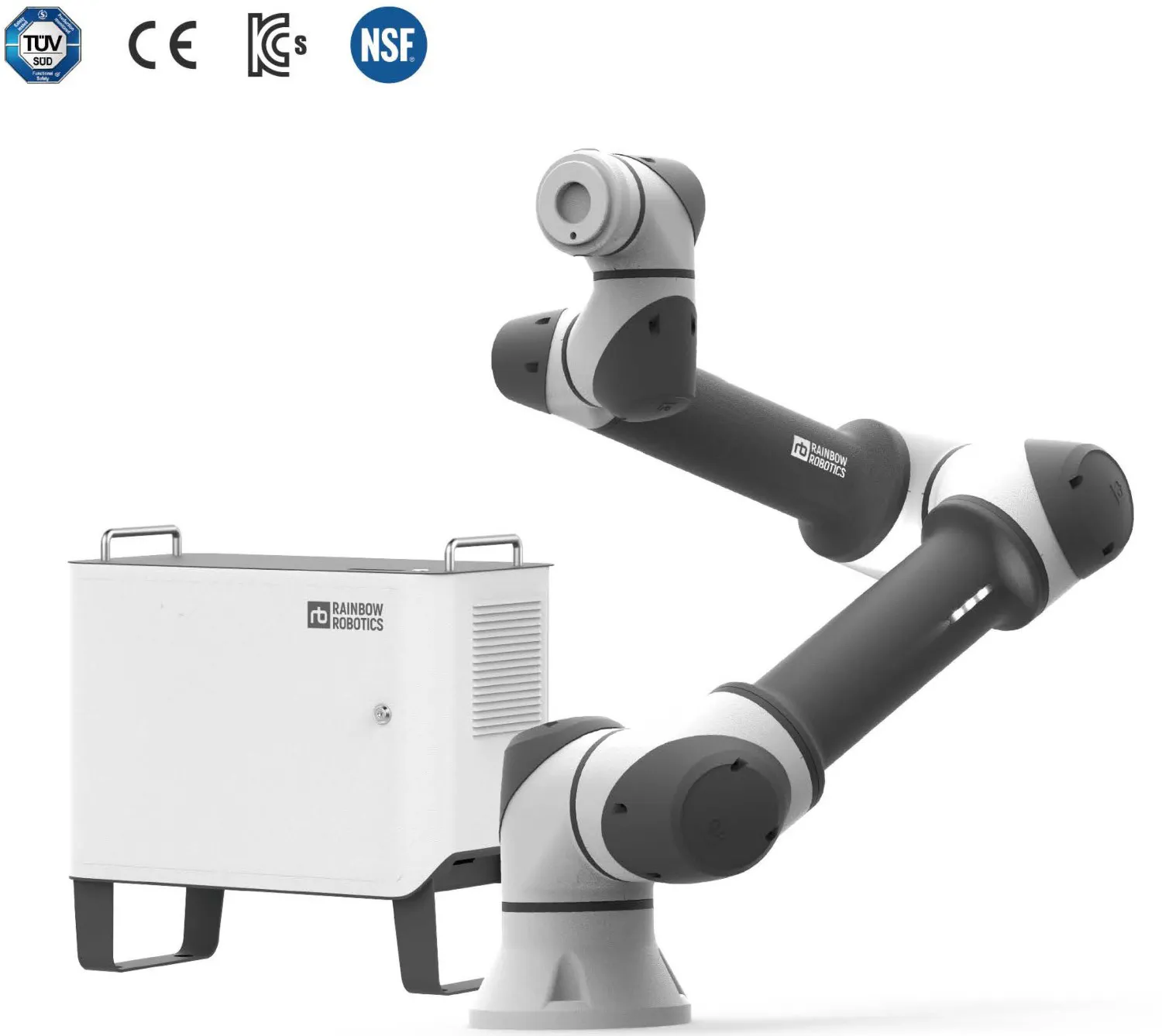 Rainbow Robotics Cobot with standard control box and the corresponding certificates.